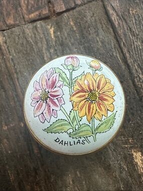 Crummles Dahlias Floral Round Enamel Trinket Box - Made in Uk
